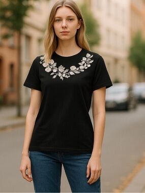 Lucky ~ Like New, Black Cotton Embroidered Tee ~ Size Medium